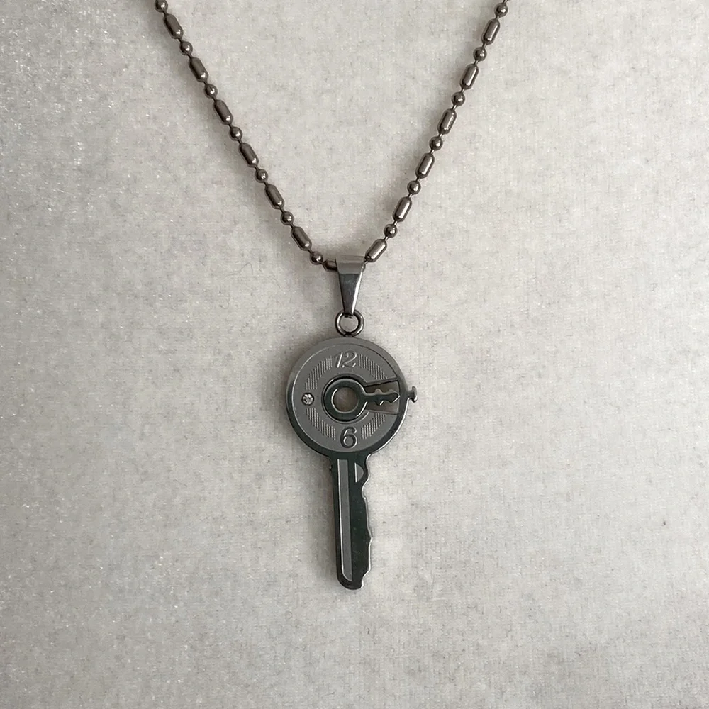 Silver Steampunk Key Clock Face Dial Industrial Minimalist Pendant Necklace